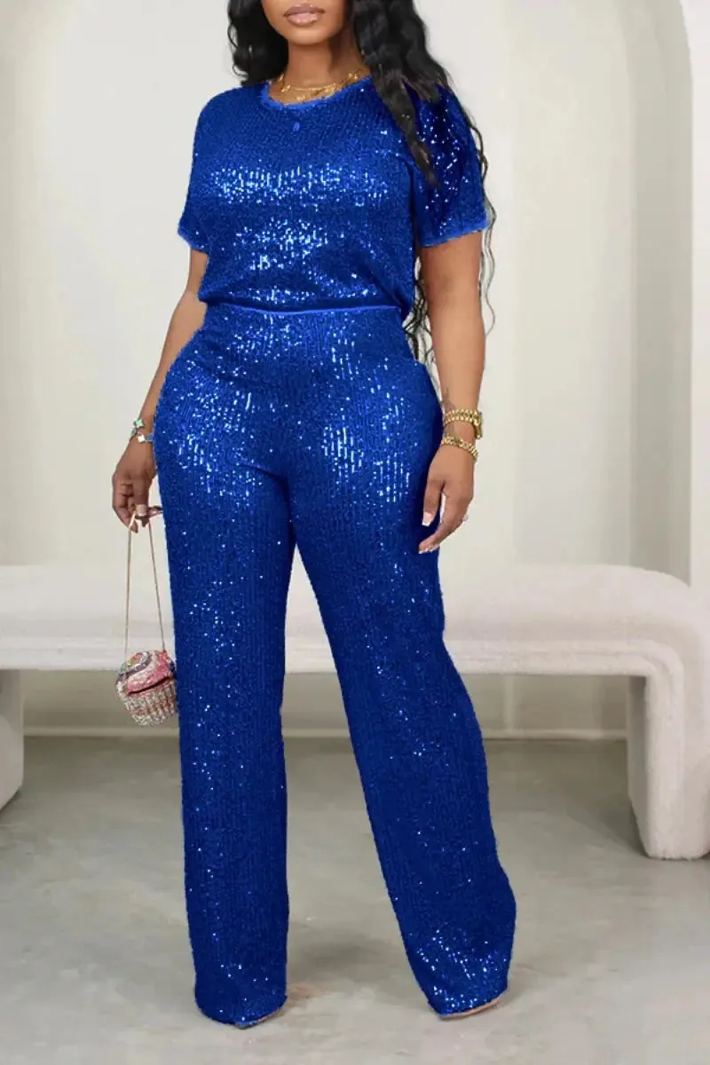 Pink Sequin Short Sleeve Top and Wide Leg Pants Set