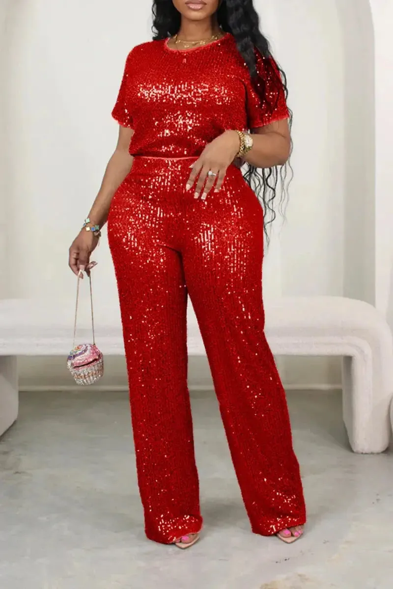 Pink Sequin Short Sleeve Top and Wide Leg Pants Set