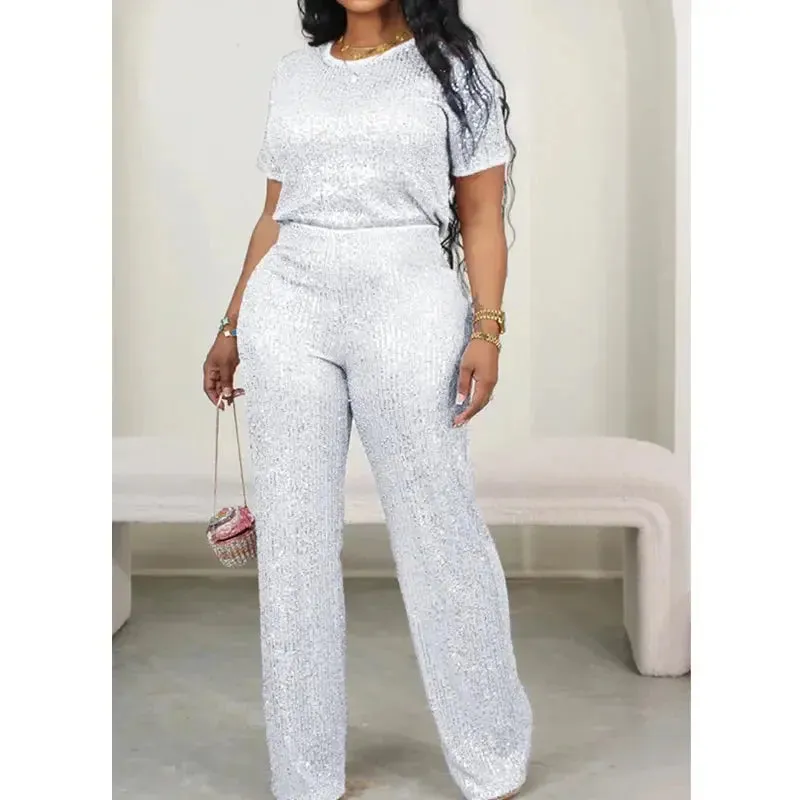 Pink Sequin Short Sleeve Top and Wide Leg Pants Set