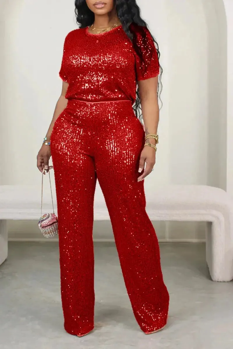 Pink Sequin Short Sleeve Top and Wide Leg Pants Set
