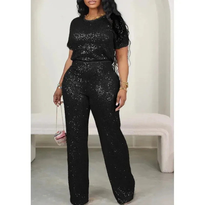 Pink Sequin Short Sleeve Top and Wide Leg Pants Set