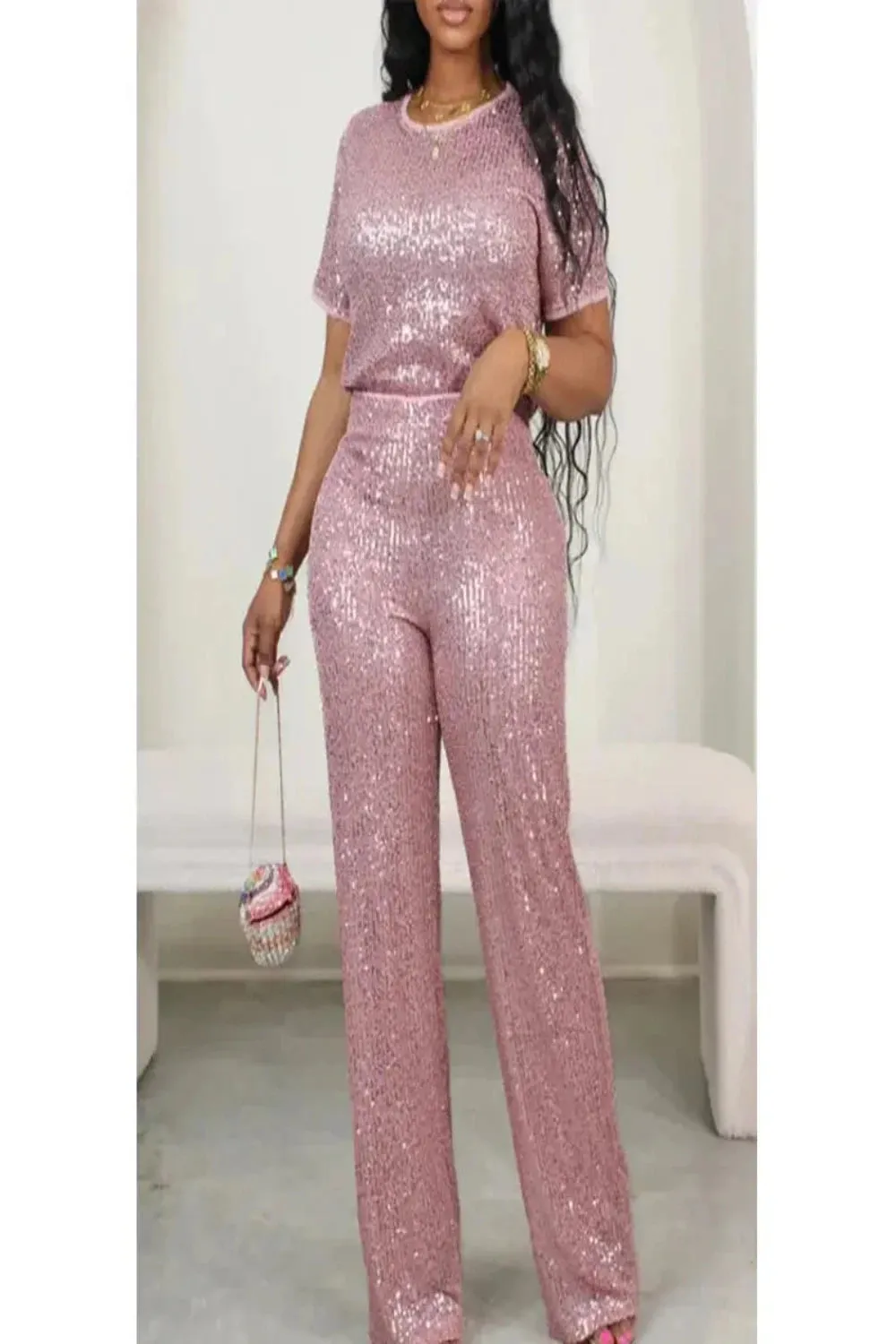 Pink Sequin Short Sleeve Top and Wide Leg Pants Set