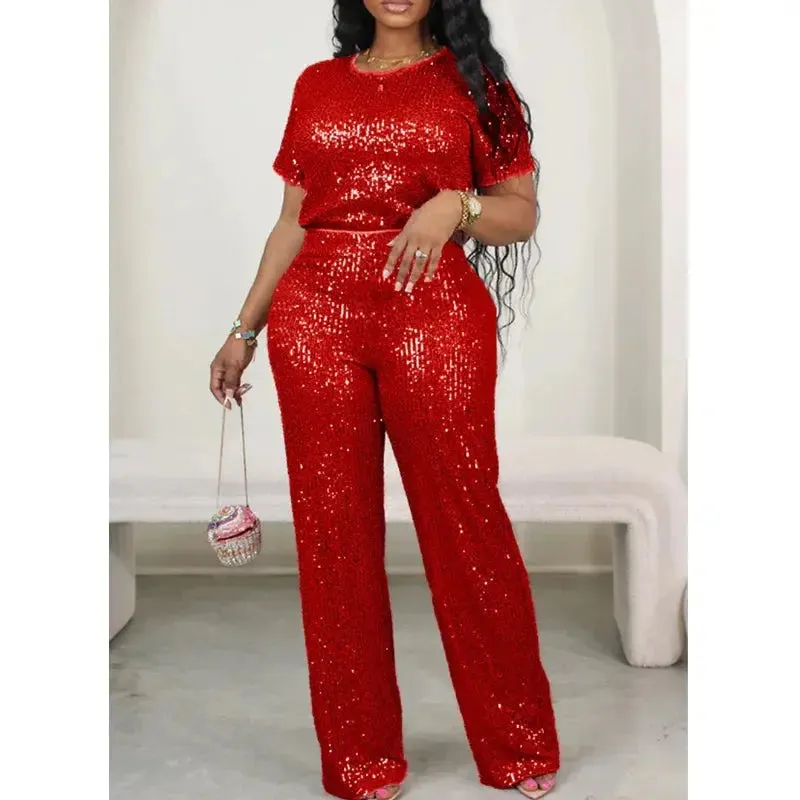 Pink Sequin Short Sleeve Top and Wide Leg Pants Set