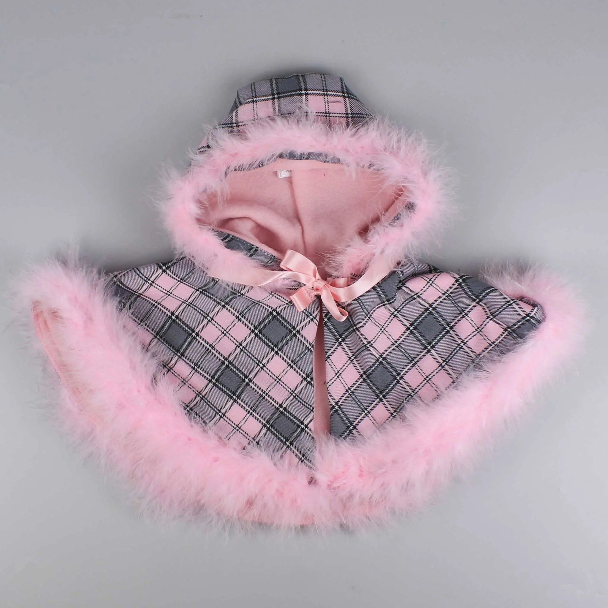 Pink Tartan Cape with Pink Maribou Feather Trim