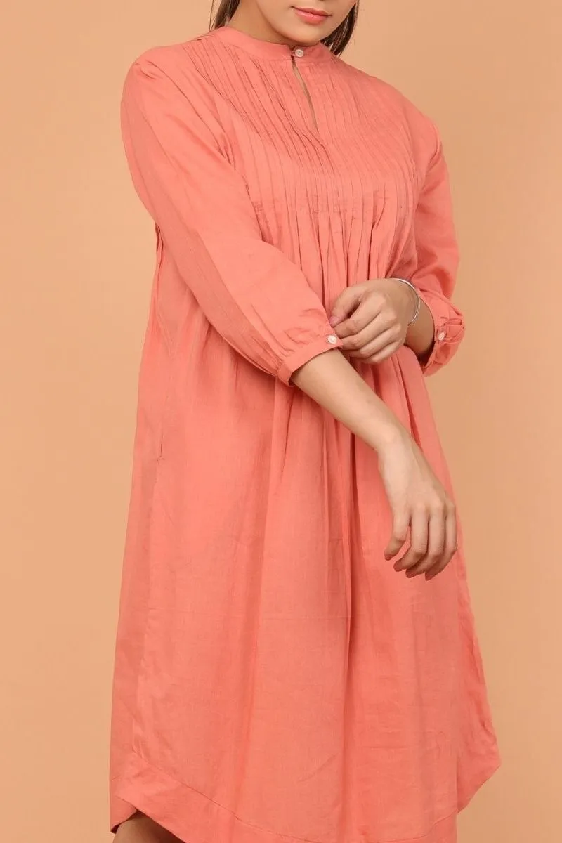Pintuck Shift Dress in Coral Cotton
