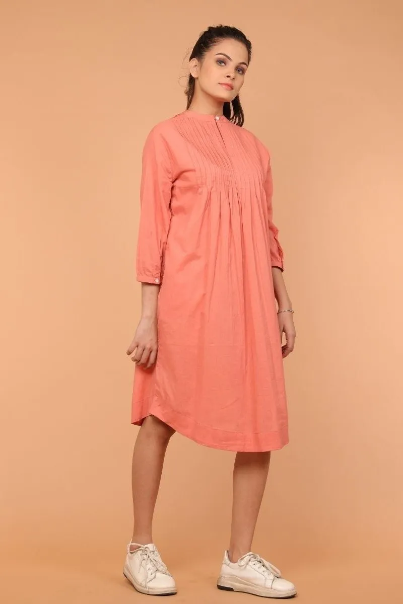 Pintuck Shift Dress in Coral Cotton