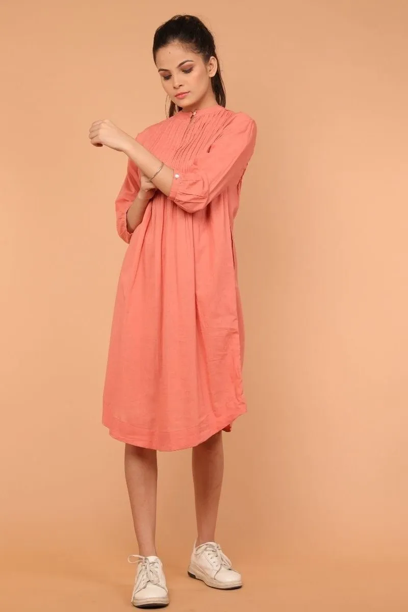 Pintuck Shift Dress in Coral Cotton