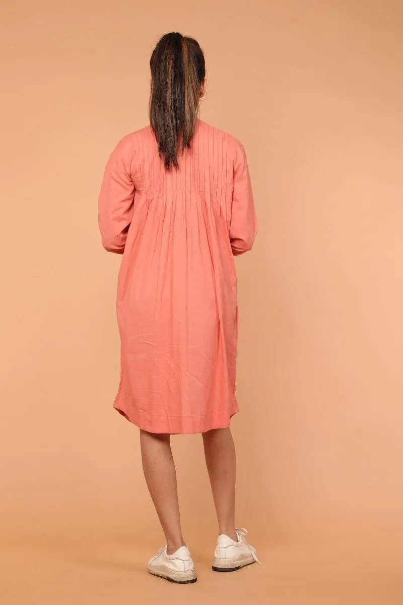 Pintuck Shift Dress in Coral Cotton
