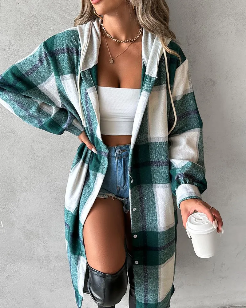 Plaid Print Drawstring Buttoned Hooded Longline Shacket