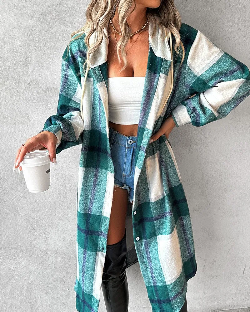 Plaid Print Drawstring Buttoned Hooded Longline Shacket