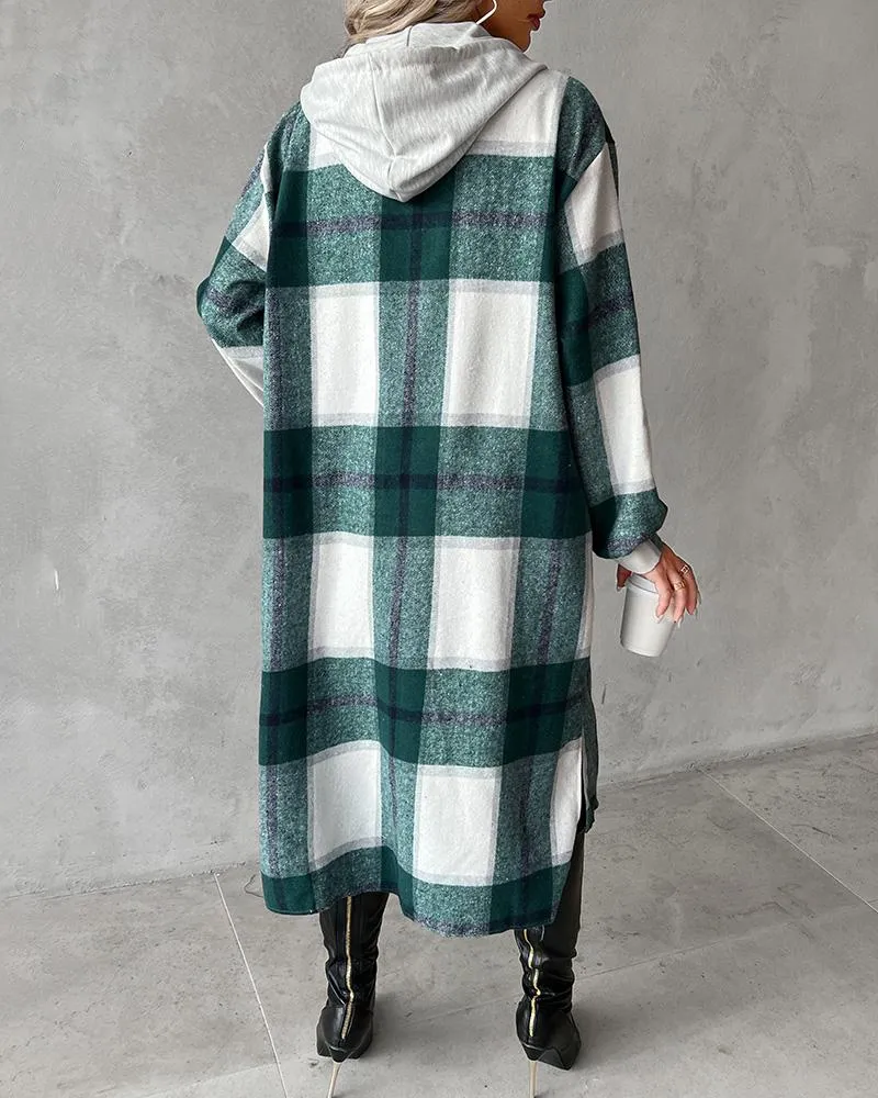 Plaid Print Drawstring Buttoned Hooded Longline Shacket