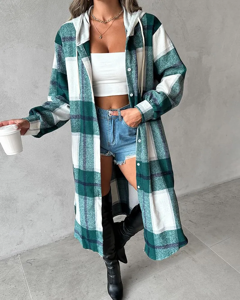 Plaid Print Drawstring Buttoned Hooded Longline Shacket