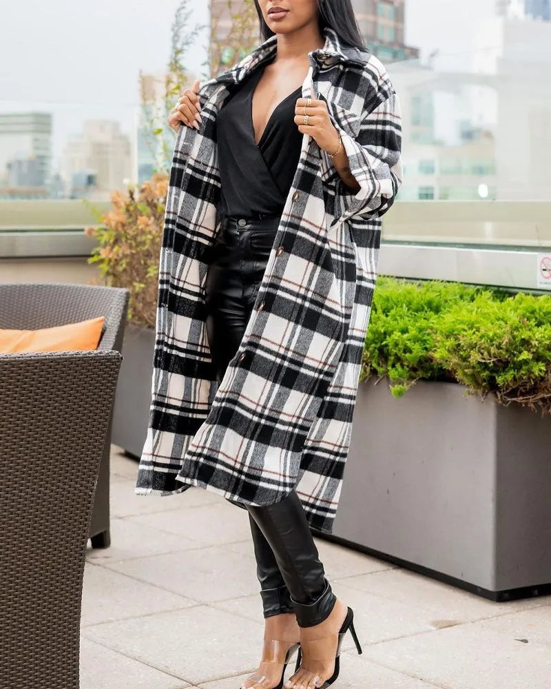 Plaid Print Flap Detail Button Down Longline Shacket