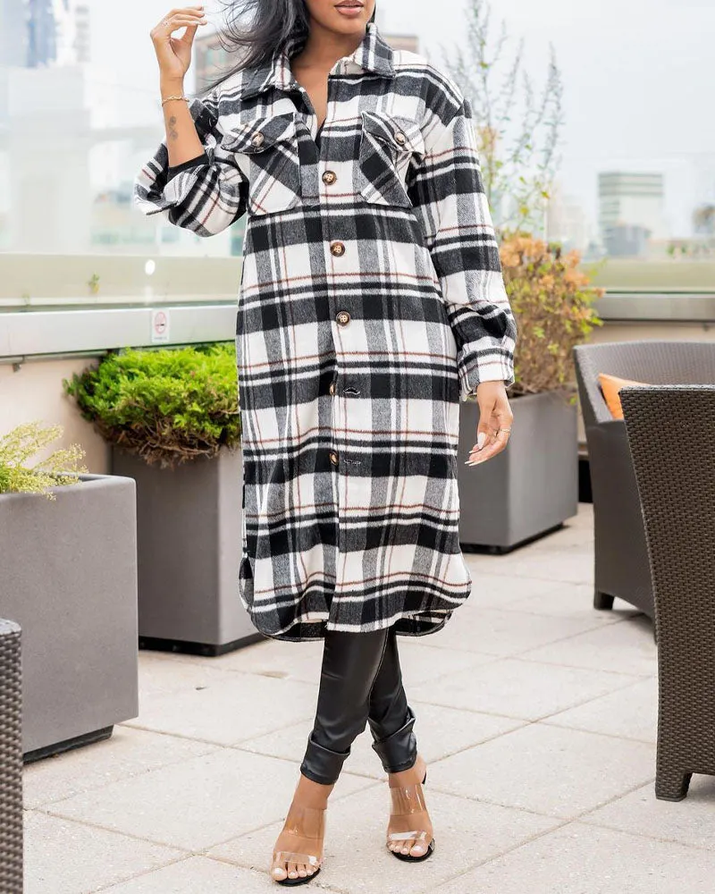 Plaid Print Flap Detail Button Down Longline Shacket