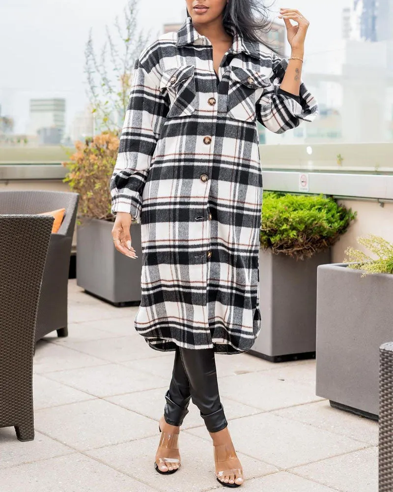 Plaid Print Flap Detail Button Down Longline Shacket