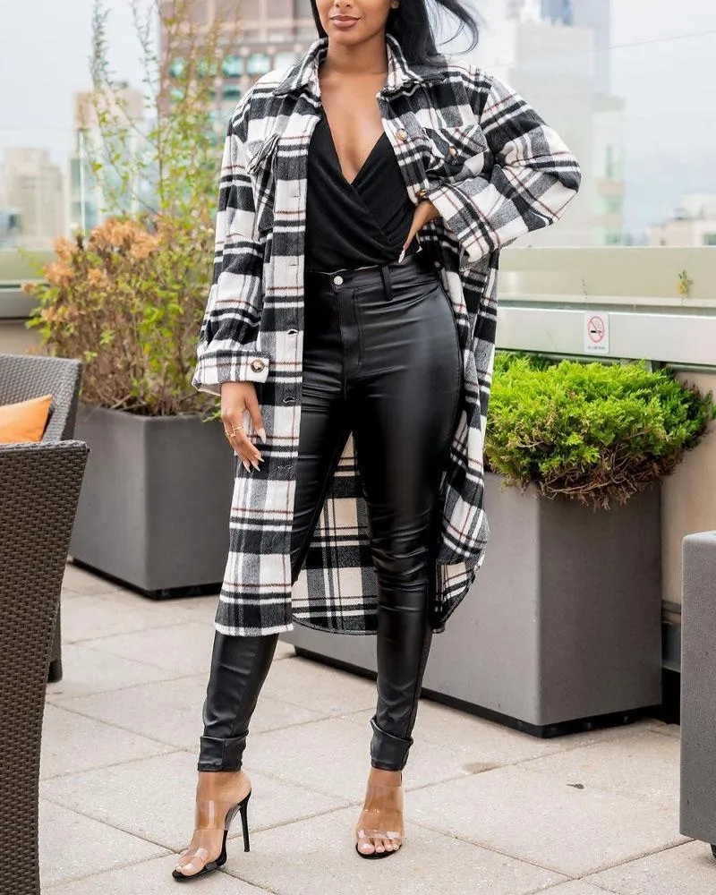 Plaid Print Flap Detail Button Down Longline Shacket