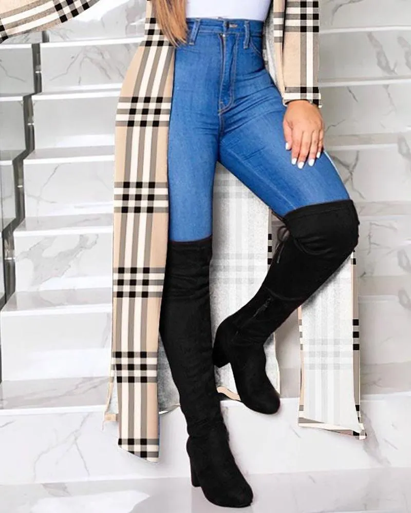 Plaid Print Open Front Split Hem Longline Coat