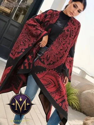 Plus Size Ethnic Style Coat, Women's Plus Tribal Print Batwing Sleeve Open Front Waterfall Collar Shawl Cape Coat