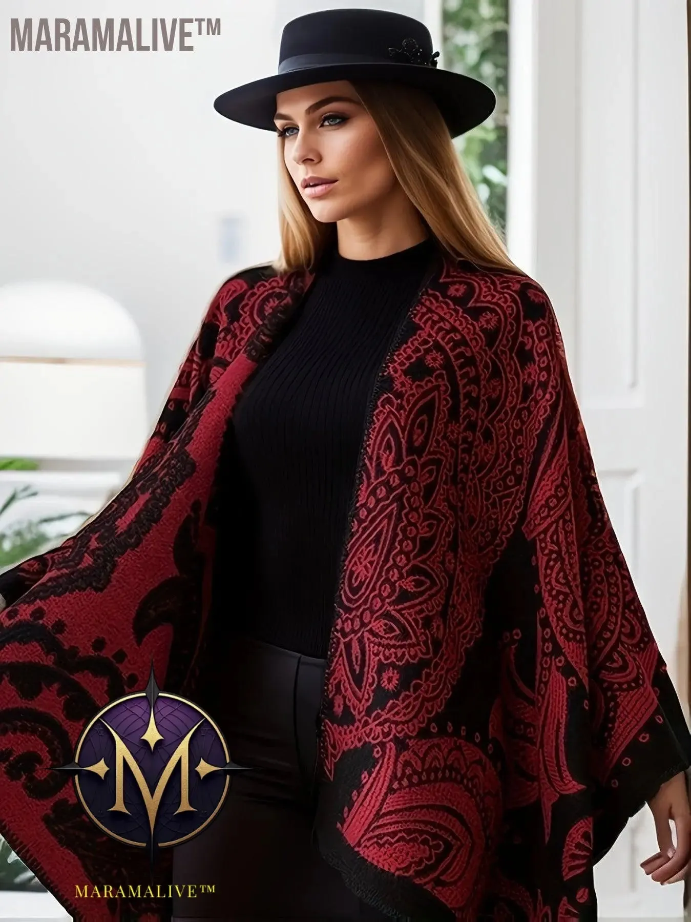 Plus Size Ethnic Style Coat, Women's Plus Tribal Print Batwing Sleeve Open Front Waterfall Collar Shawl Cape Coat