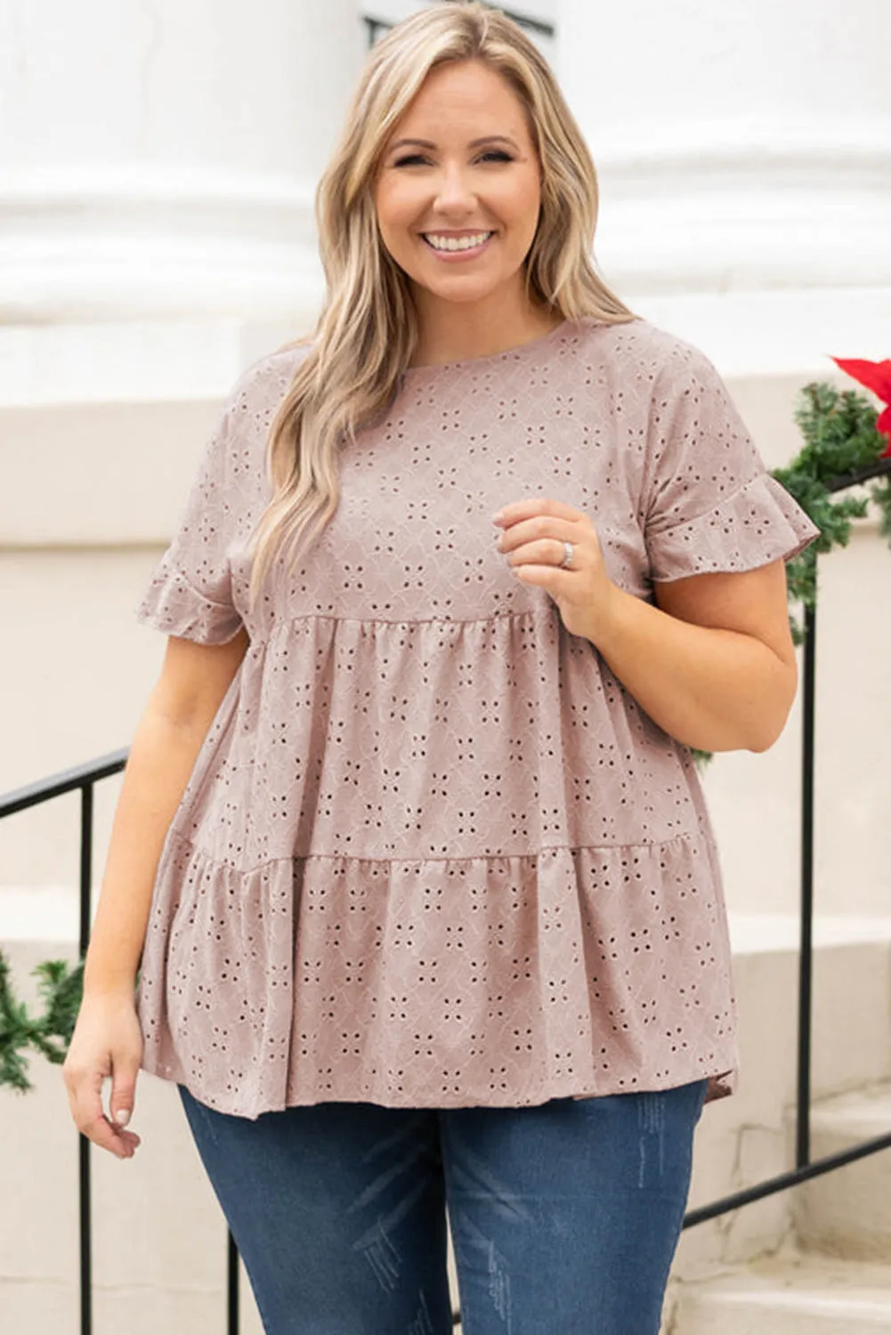 Plus Size Eyelet Pattern Ruffle Sleeve Babydoll Top