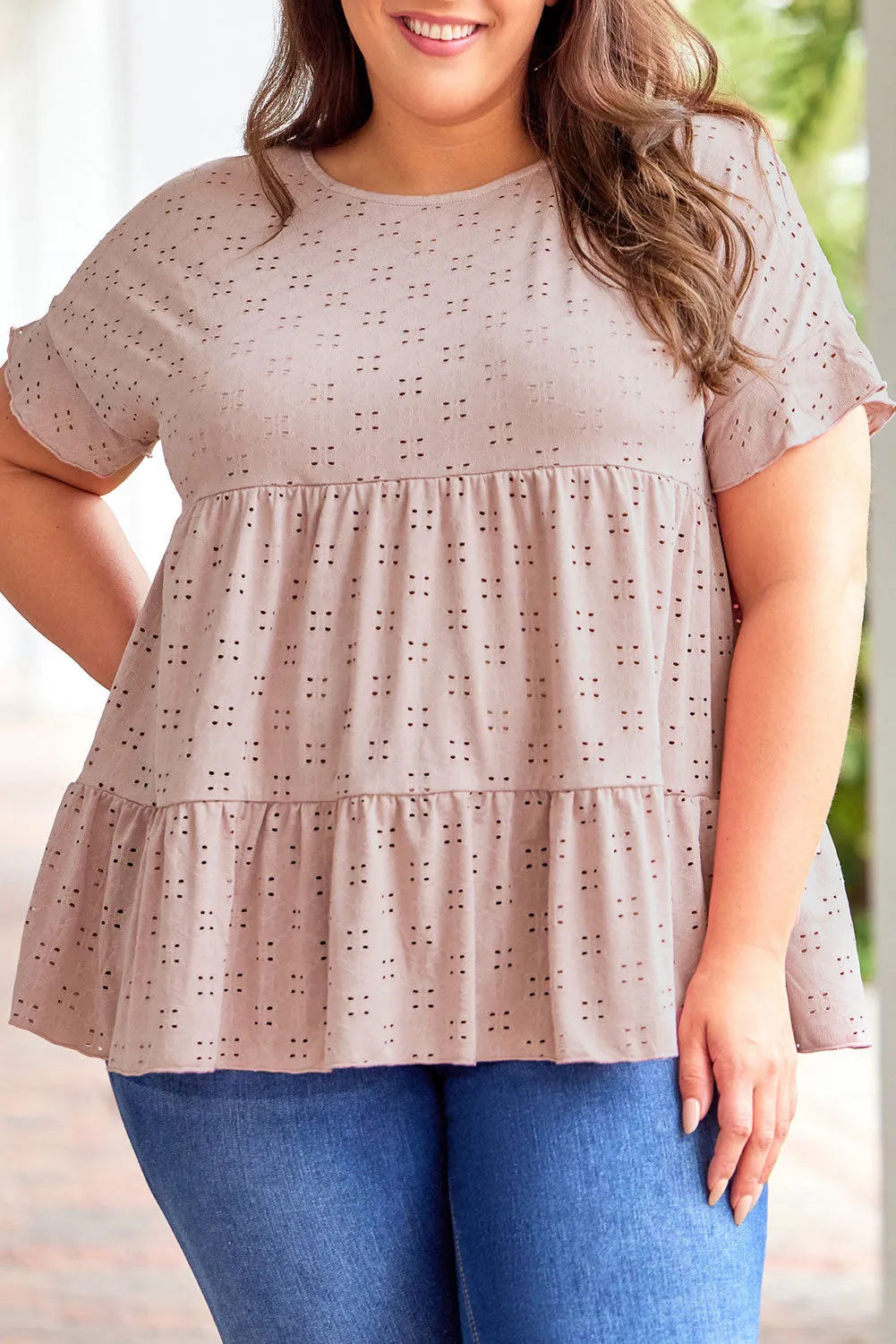 Plus Size Eyelet Pattern Ruffle Sleeve Babydoll Top