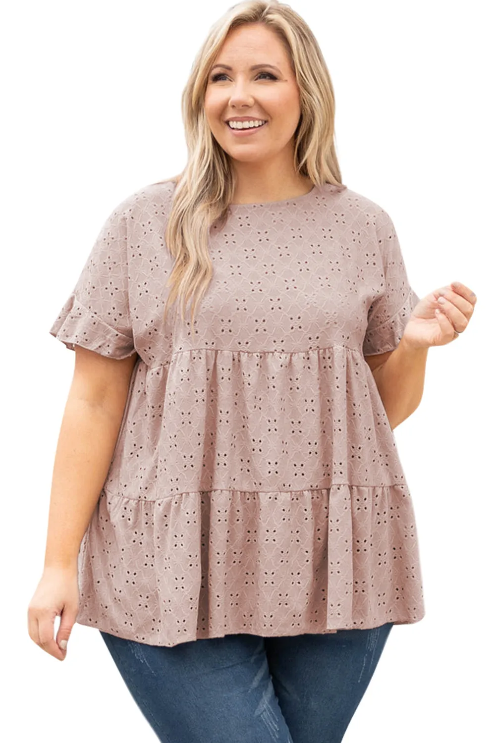 Plus Size Eyelet Pattern Ruffle Sleeve Babydoll Top