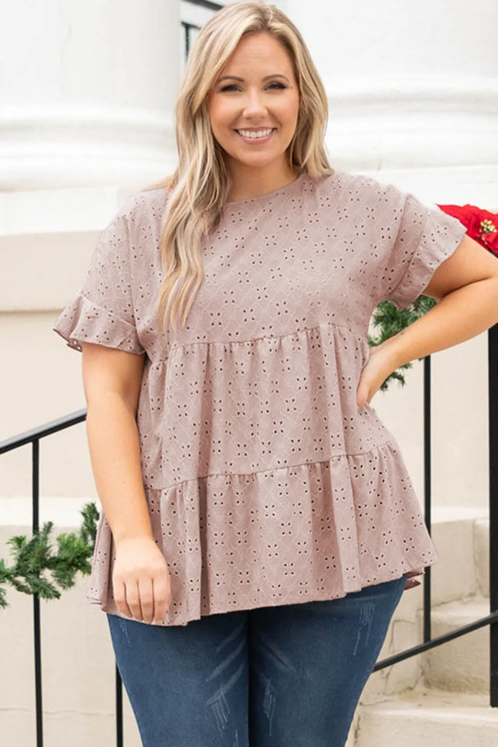 Plus Size Eyelet Pattern Ruffle Sleeve Babydoll Top