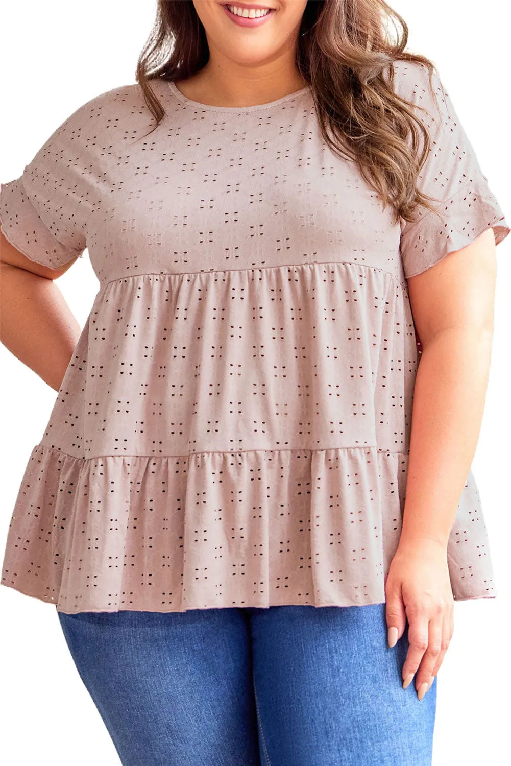 Plus Size Eyelet Pattern Ruffle Sleeve Babydoll Top
