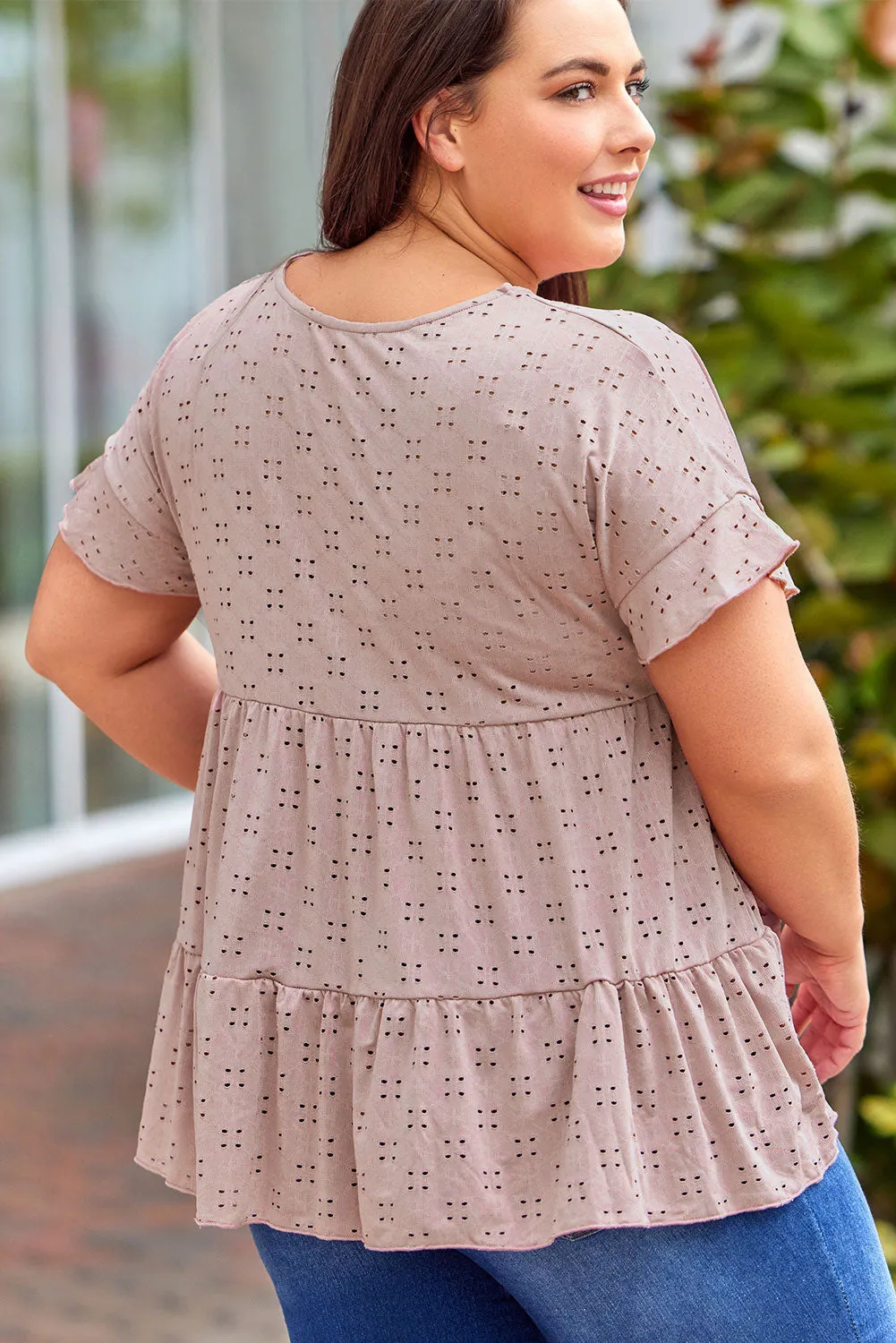 Plus Size Eyelet Pattern Ruffle Sleeve Babydoll Top