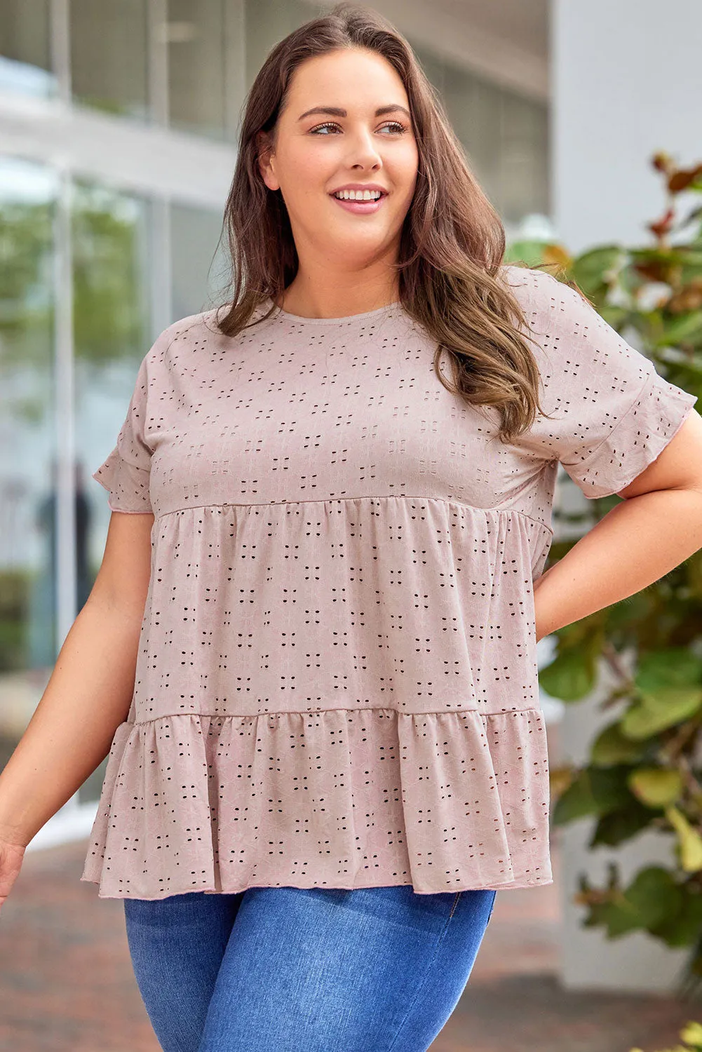 Plus Size Eyelet Pattern Ruffle Sleeve Babydoll Top
