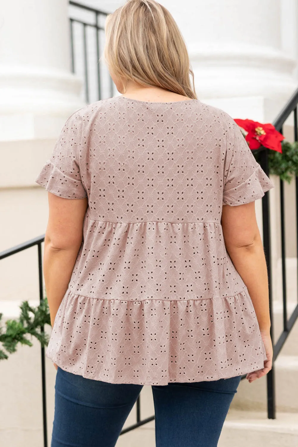 Plus Size Eyelet Pattern Ruffle Sleeve Babydoll Top