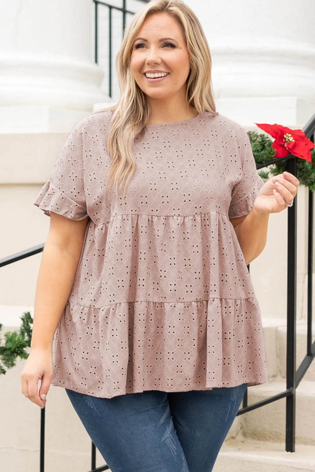 Plus Size Eyelet Pattern Ruffle Sleeve Babydoll Top