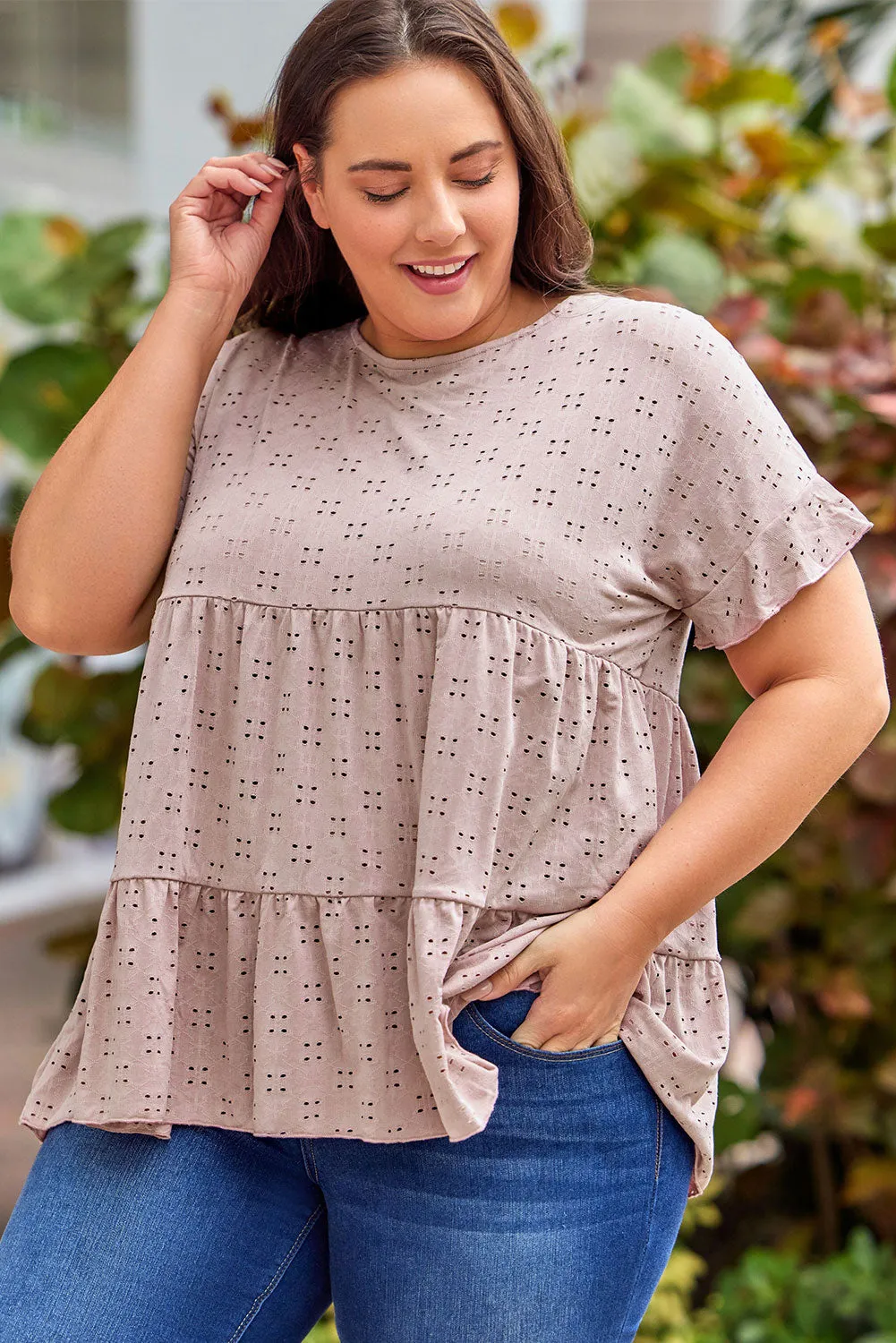 Plus Size Eyelet Pattern Ruffle Sleeve Babydoll Top