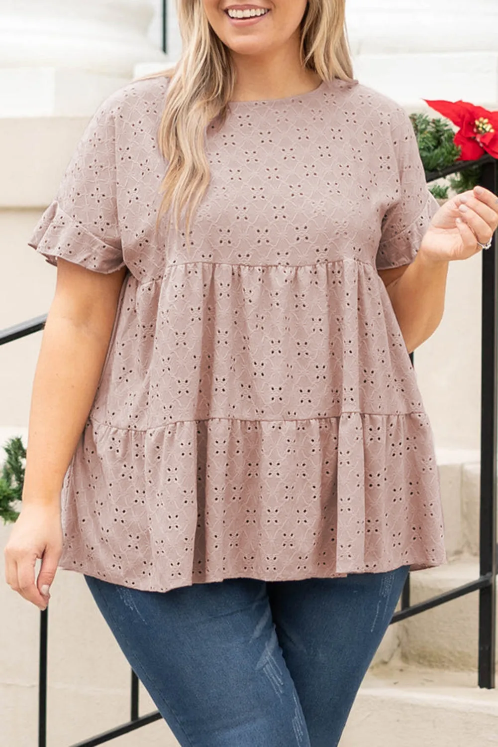 Plus Size Eyelet Pattern Ruffle Sleeve Babydoll Top