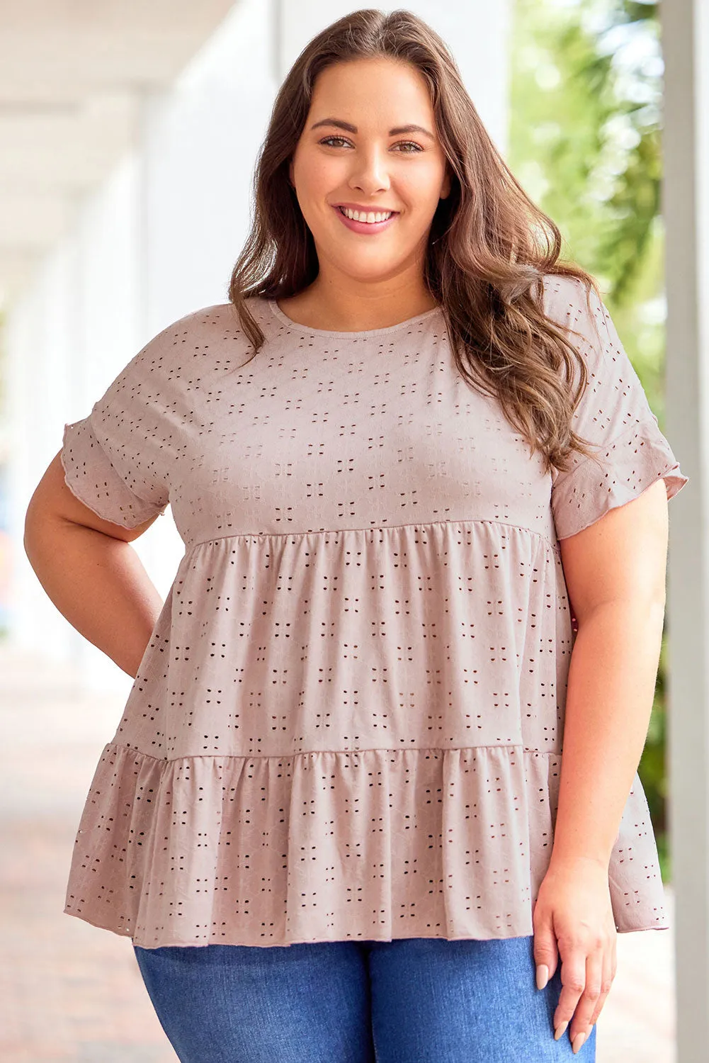 Plus Size Eyelet Pattern Ruffle Sleeve Babydoll Top