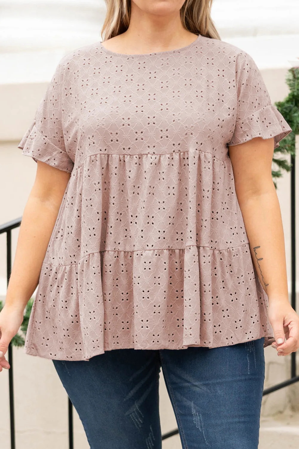 Plus Size Eyelet Pattern Ruffle Sleeve Babydoll Top