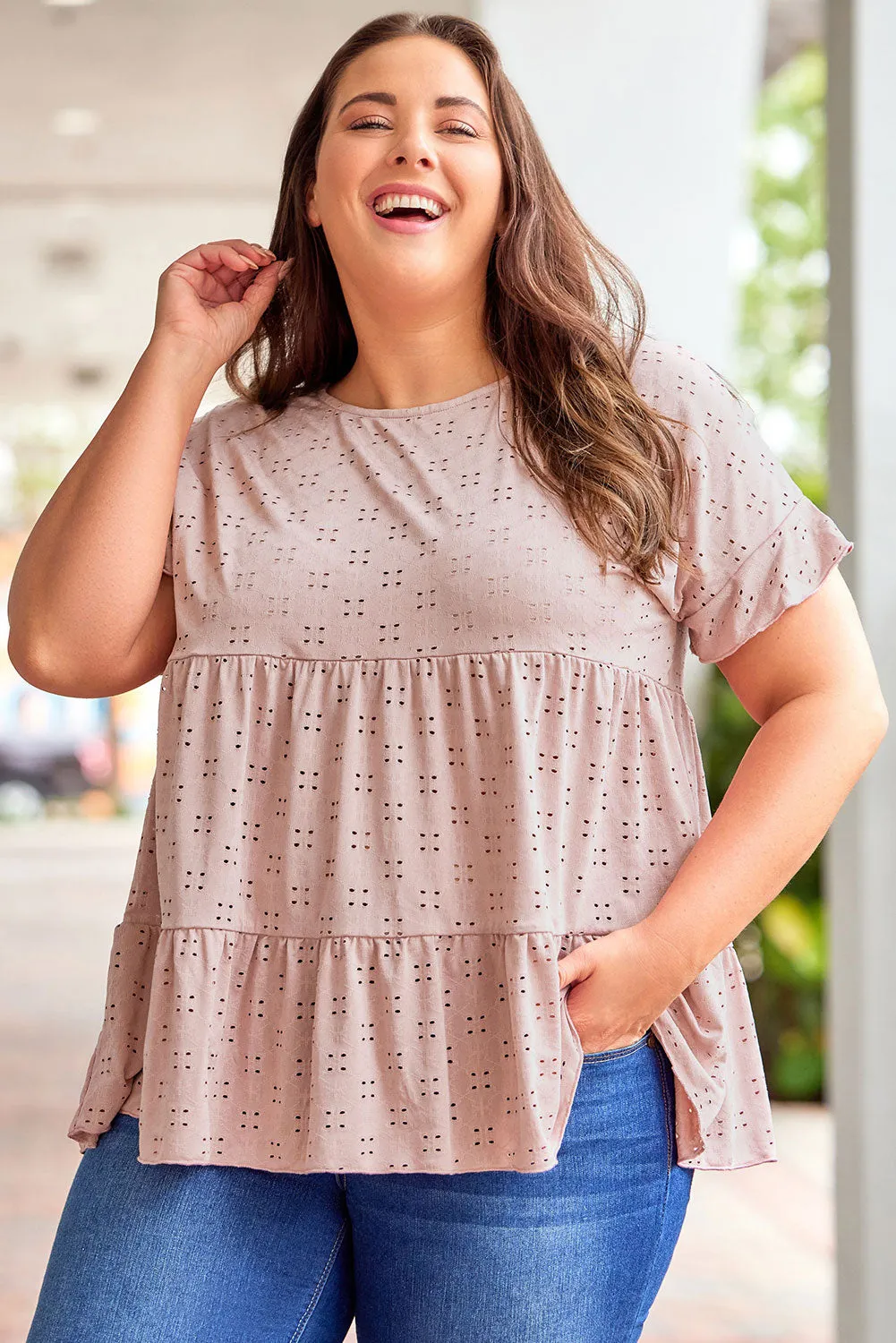 Plus Size Eyelet Pattern Ruffle Sleeve Babydoll Top