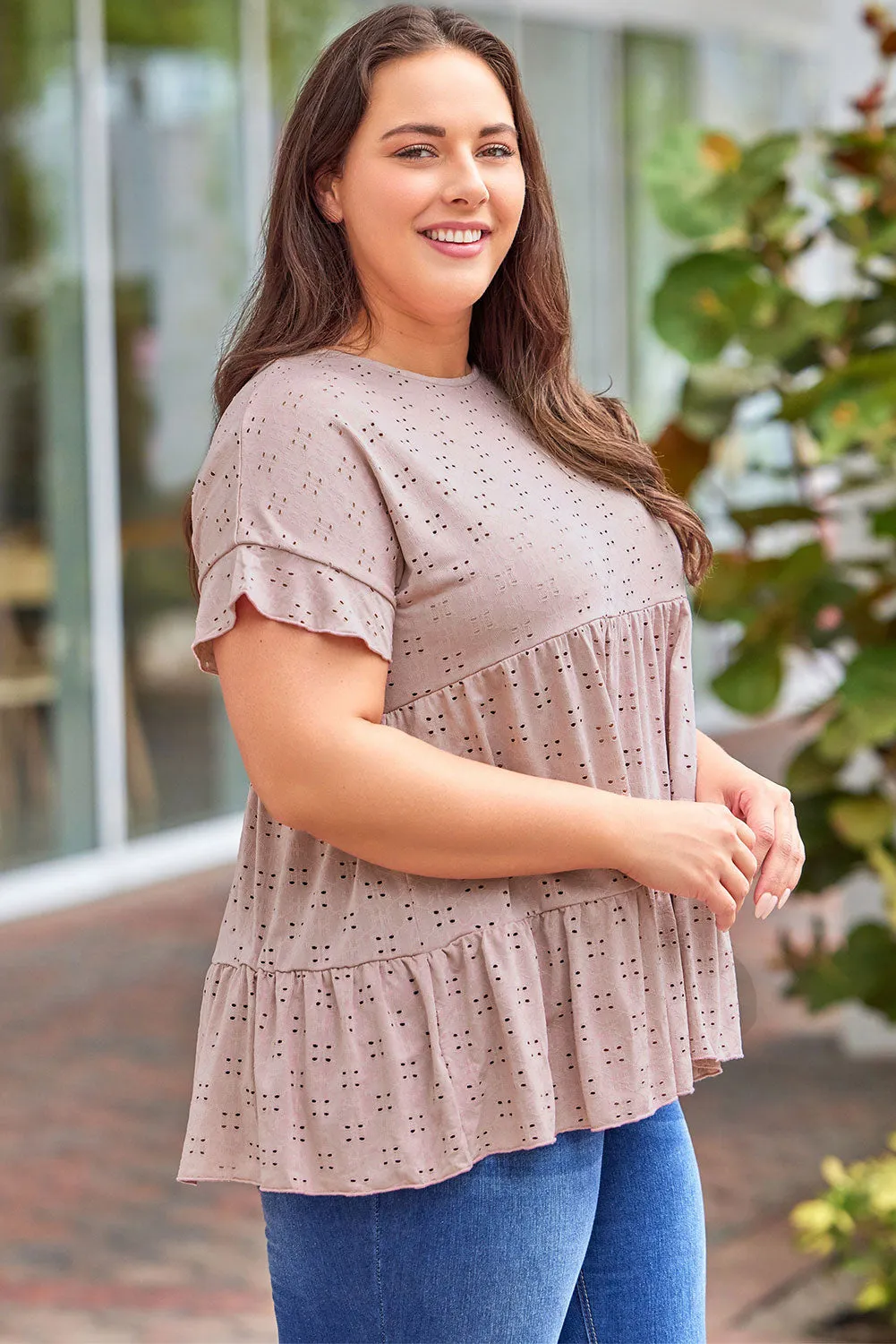 Plus Size Eyelet Pattern Ruffle Sleeve Babydoll Top