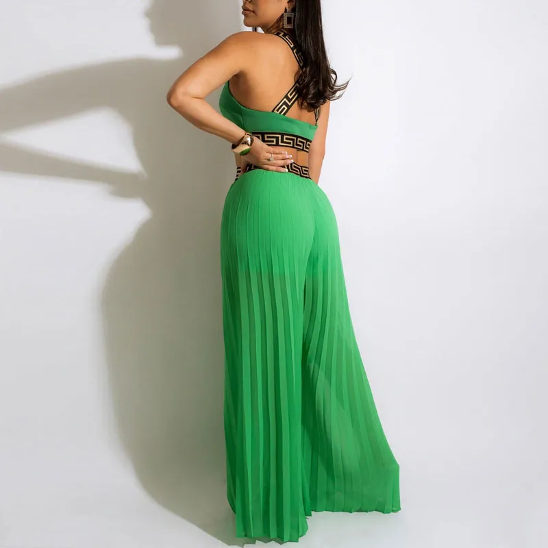 Print Sleeveless Crop Top & Wide Leg Pants Set