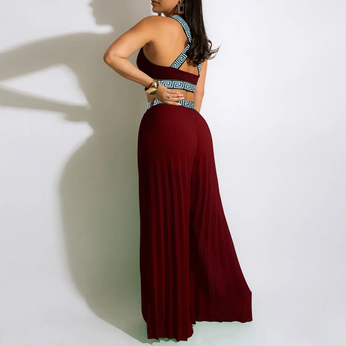 Print Sleeveless Crop Top & Wide Leg Pants Set