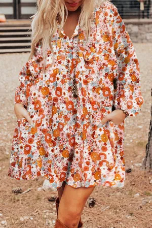 Printed Split Neck Pocket Shift Dress
