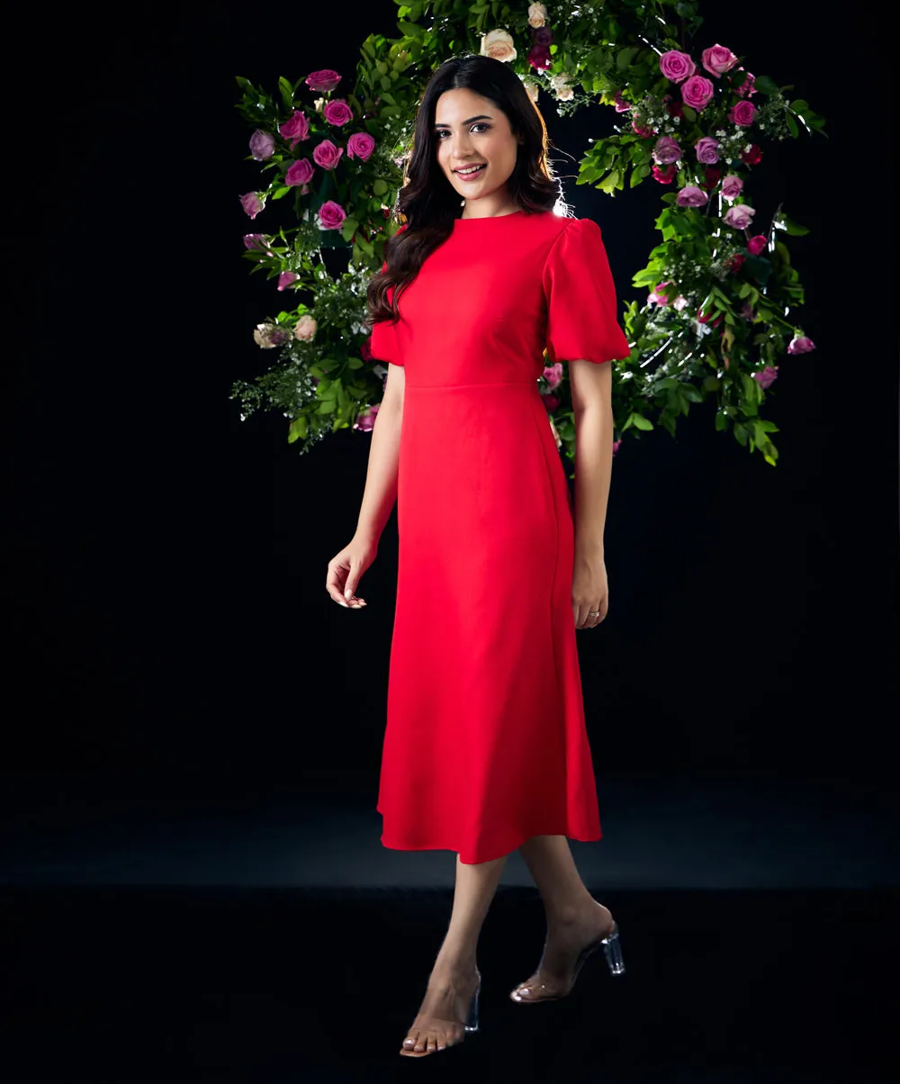Puffed Sleeves Red Shift Dress