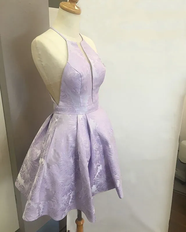 Purple Floral Prints Satin Halter Cut Neckline Homecoming Dresses ,HD0012