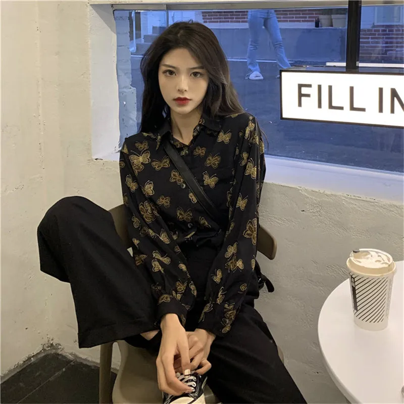 "BLACK BUTTERFLY PRINT LONG SLEEVE" SHIRT N030902