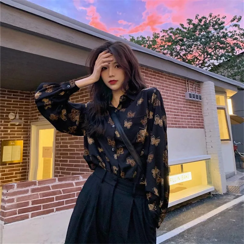 "BLACK BUTTERFLY PRINT LONG SLEEVE" SHIRT N030902