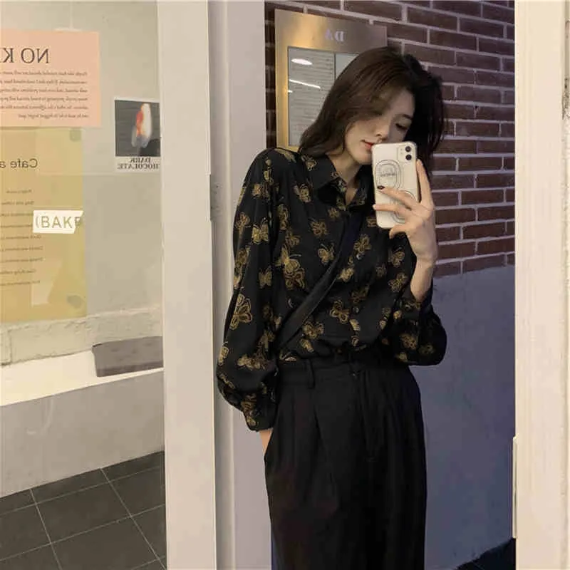 "BLACK BUTTERFLY PRINT LONG SLEEVE" SHIRT N030902