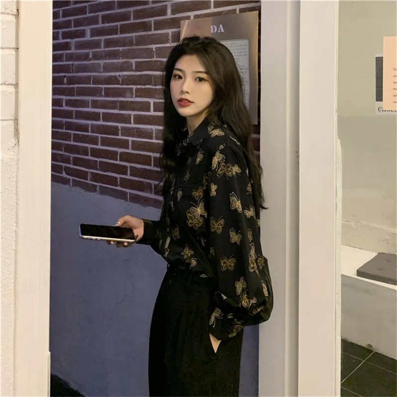 "BLACK BUTTERFLY PRINT LONG SLEEVE" SHIRT N030902