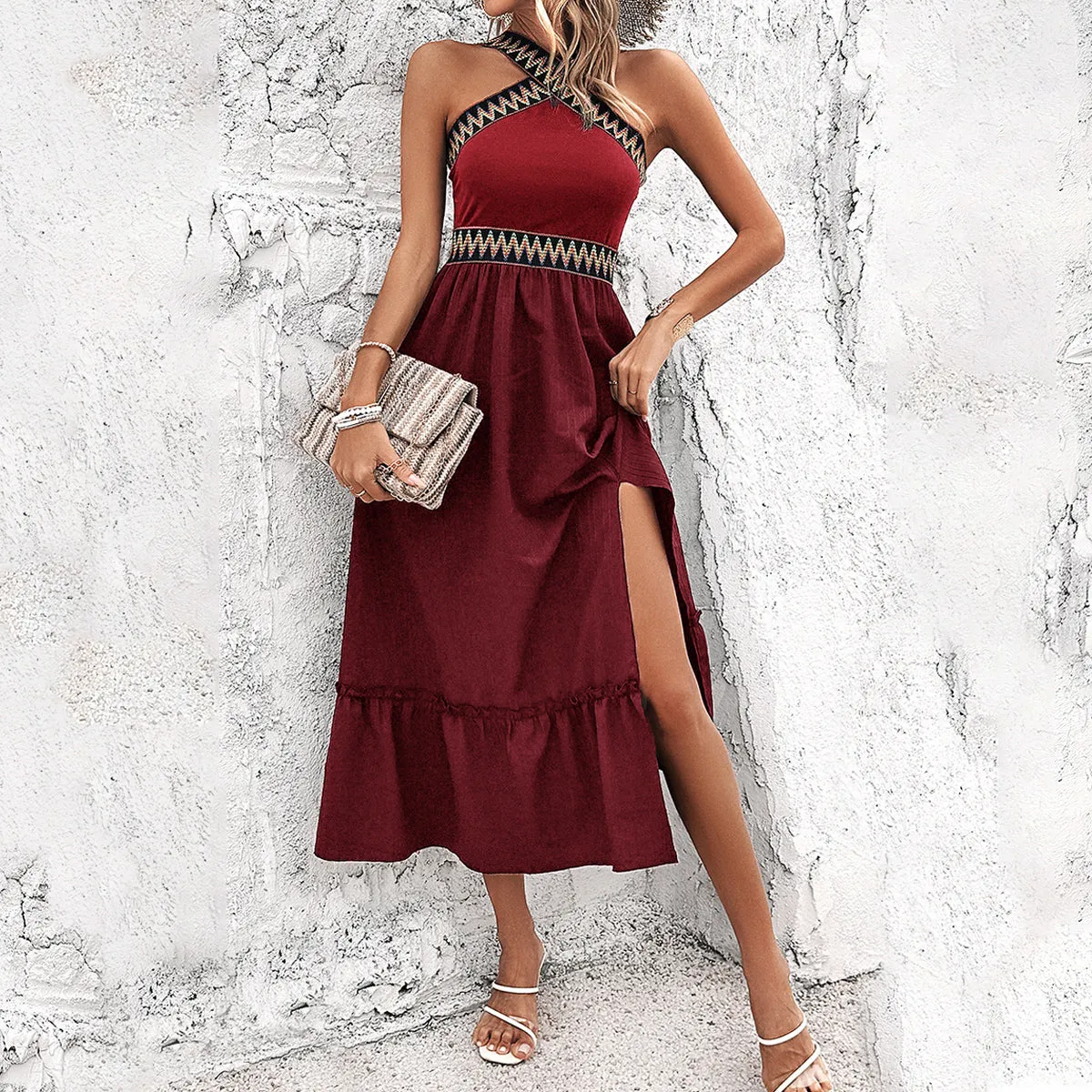 Red Halter Neck Midi Dress With Contrast Tape