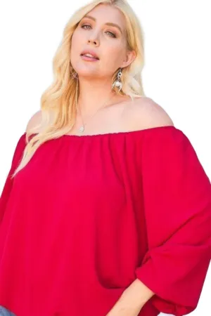 Red Off Shoulder Long Bubble Sleeve Solid Top