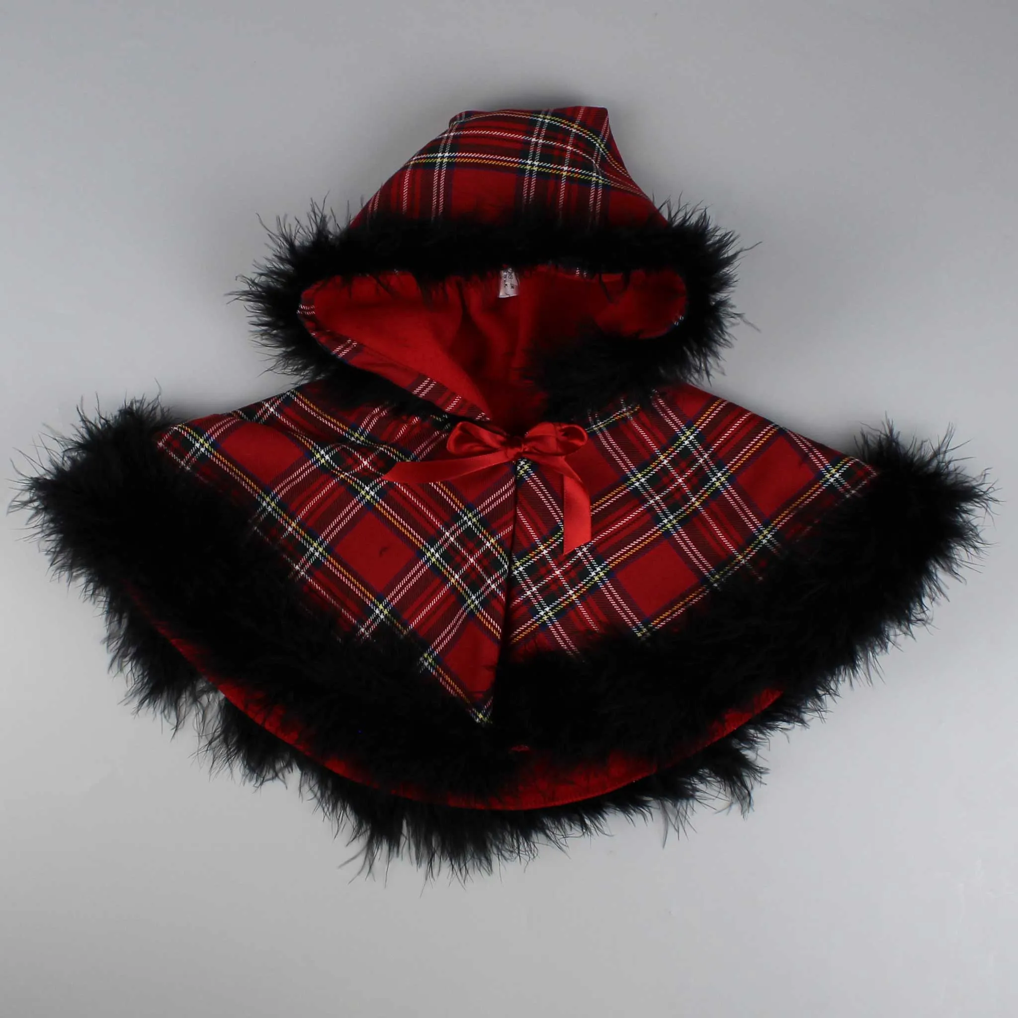 Red Tartan Cape with Black Maribou Feather Trim